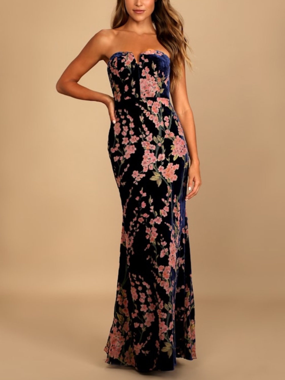 Lulus Bloom In Mind Navy Blue Floral Print Velvet Strapless Maxi Dress - Size S